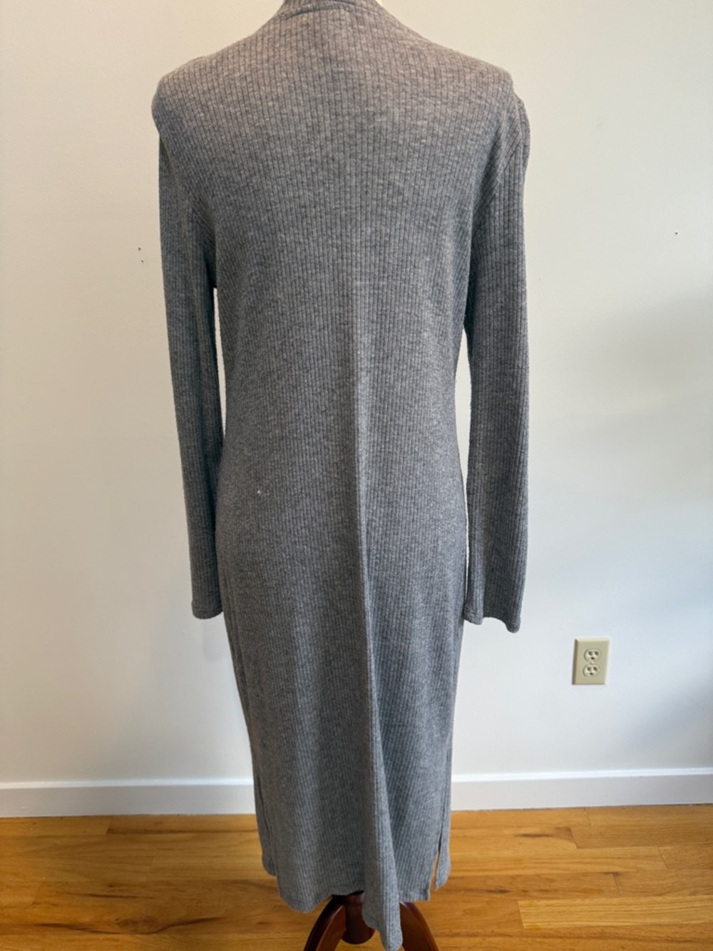 Long Ribbed Button-Front Gray Cardigan Sweater - Picture 3 of 3
